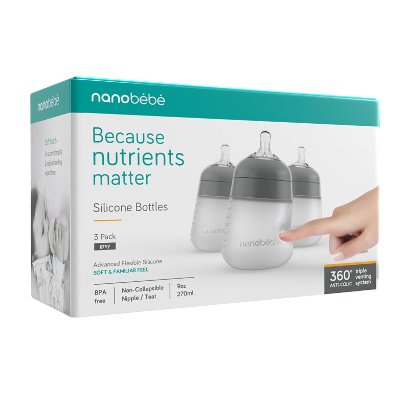 Nanobebe Flexy Silicone Bottles Grey 270ml 3Pk