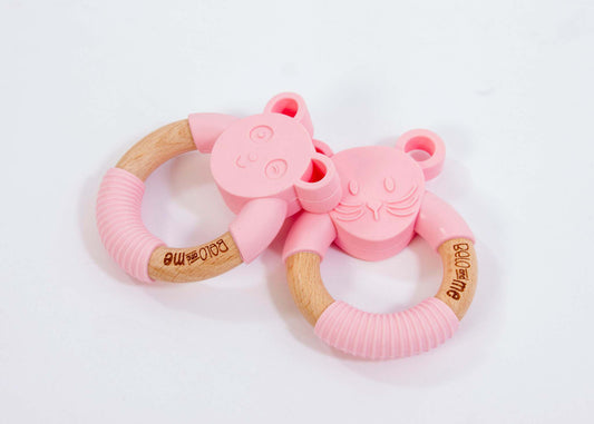 Belo And Me Animal Wood Teether Monty Mouse Pink