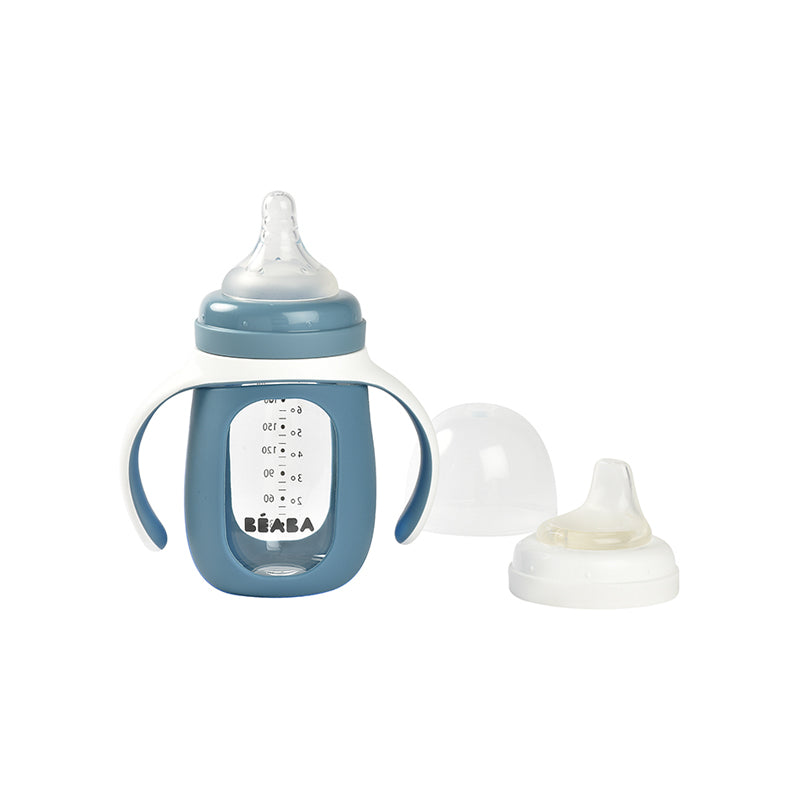 Beaba 2 In1 Glass Learning Bottle With Silicone Cover Blue 210ml