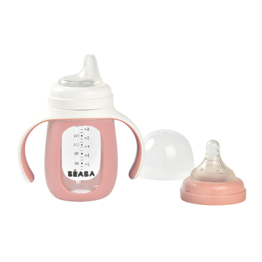 Beaba 2 In1 Glass Learning Bottle With Silicone Cover Pink 210ml
