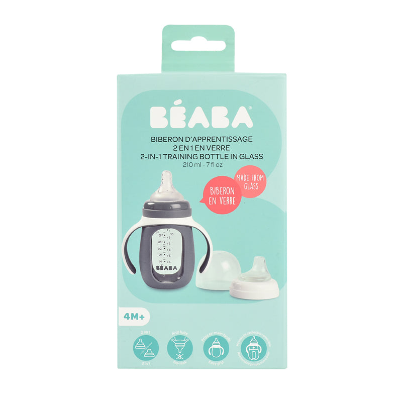 Beaba 2 In1 Glass Learning Bottle With Silicone Cover 210ml Mineral Grey