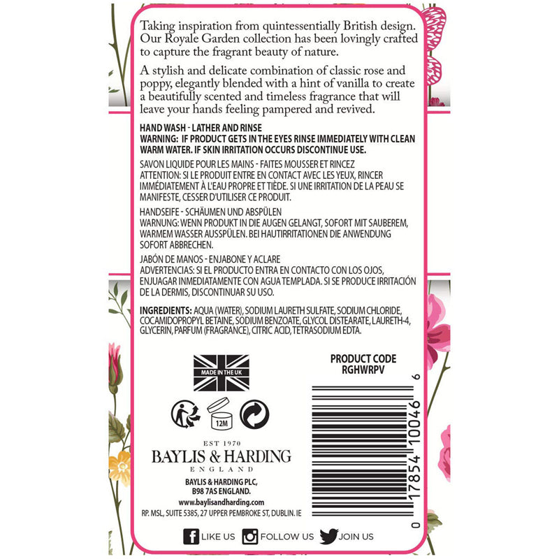 Baylis & Harding Royale Garden Rose Poppy & Vanilla Hand Wash 3x 500ml