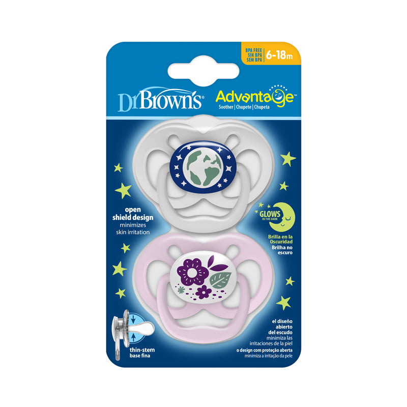 Dr Brown's Advantage Glow in the Dark Soother Pink 6-18m 2Pk