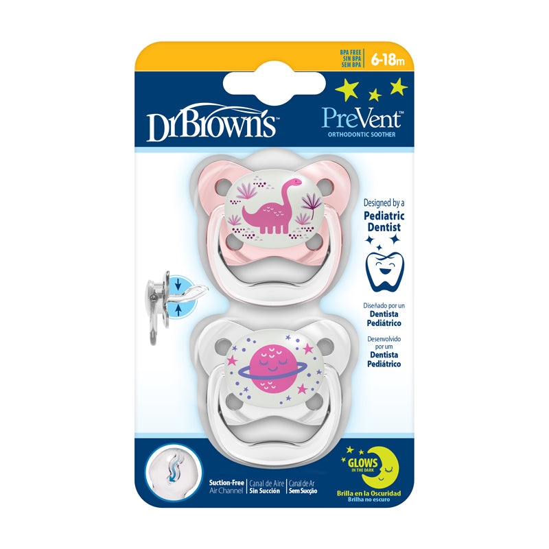 Dr Brown's PreVent Glow In The Dark Butterfly Soothers Pink 6-18m 2Pk